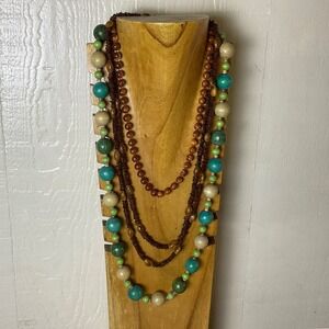 Boho Beaded Layered Necklace Wood Bead Green‎ Brown Earth Tone Vintage  Jewelry